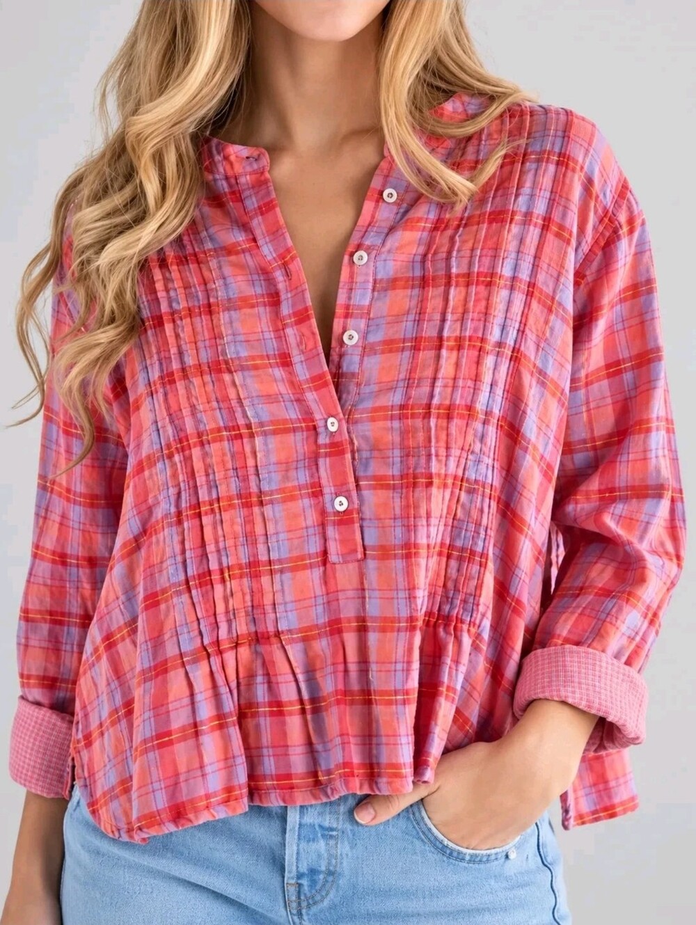 Natural Life NEW Montana Pink Plaid Boxy Cotton Gauze Shirt SZ Medium Bohemian